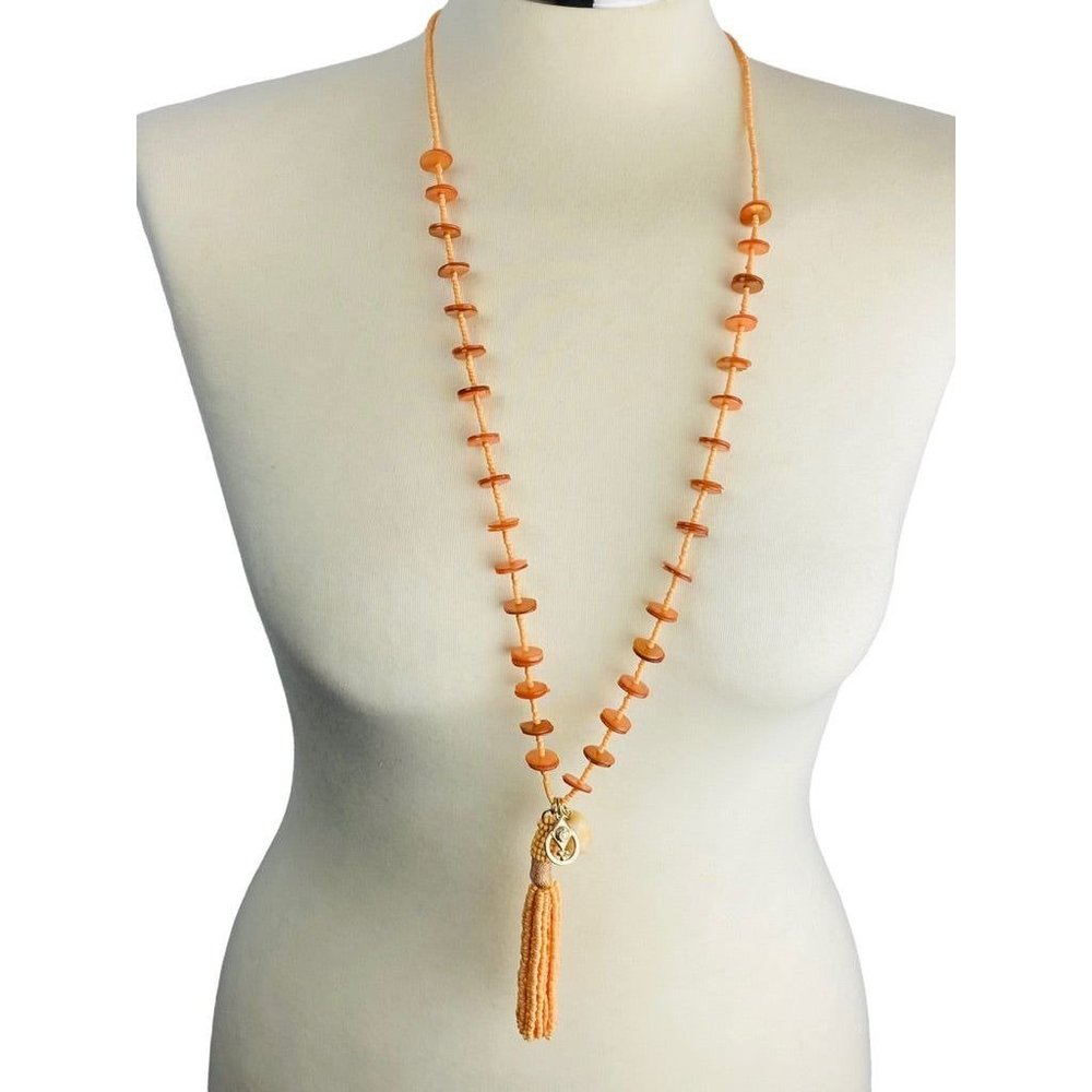 Chico's Orange Seed Bead and Shell‎ Long 37" Necklace with Tassel Pendant